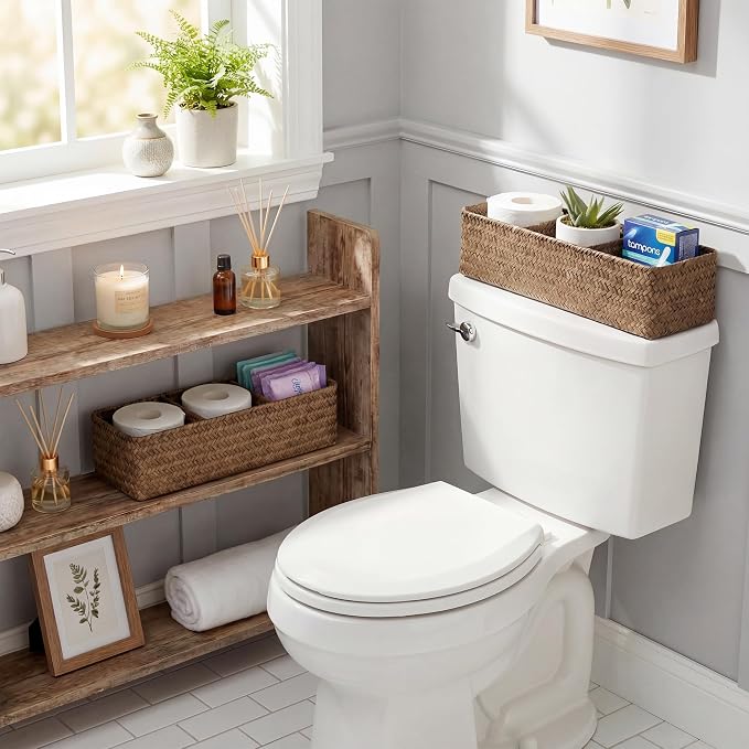StorageWorks Toilet Paper Basket with Lid, Back of Toilet Baskets, Seagrass | Wicker Basket, Toilet Paper Storage for Back of Toilet Tank, Woven Baskets for Shelves, Wicker Baskets with 3 Compartments - Image 6