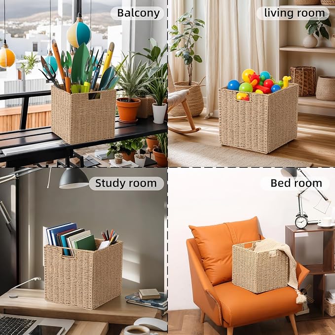 Set of 2 Hand-Woven Paper Rope Wicker Baskets, Storage Basket, Foldable Cube Storage Bins, Natural Color Storage Cubes, Square Baskets for Organizing Shelves Decor, 12x12x12in - Image 6