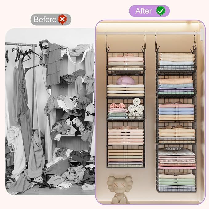 6 Tier Hanging Closet Organizers and Storage Stackable Hanging Closet Shelves with 4 Hooks 2 Adjustable Dividers, Wire Storage Basket Bins for Clothing Purse Sweaters Shoes Socks Dolls, Foldable - Image 8