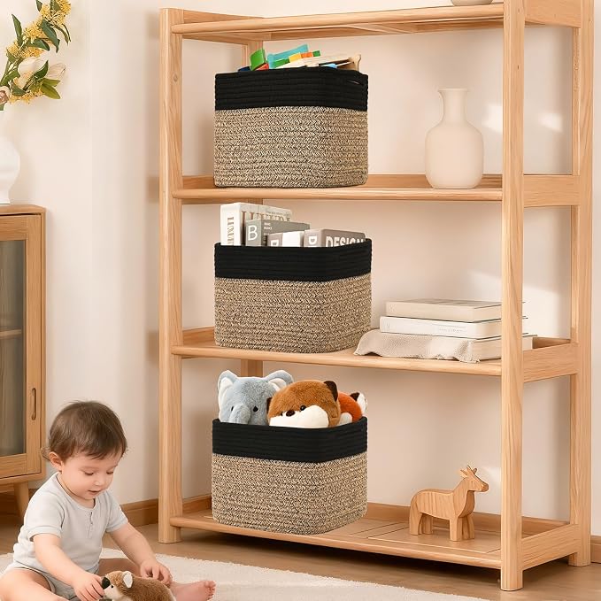 3 Pack Cube Storage Bin, 12”x12”x10” Cotton Rope Woven Baskets for Organizing Toys Clothes Towels, Square Gift Storage Baskets for Shelves, Nursery, Closet, Bathroom, Pantry (Black & Brown) - Image 7