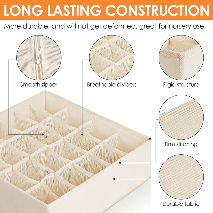 6 Pack Sock Underwear Drawer Organizer Dividers, 58 Cell Foldable Fabric Dresser Closet Organizers and Storage Bins for Clothing, Baby Clothes, Bra, Panty, Scarf, Ties (Beige) - Image 5