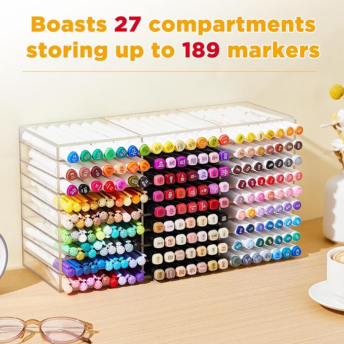 MotiMind Acrylic Marker Organizer for 189 Marker, Large Art Pencil Holder Storage Rack for Desk, Pens Art Brushes Display Stand with 27 Compartments for Desktop, Office (clear, 189 Capacity) - Image 3