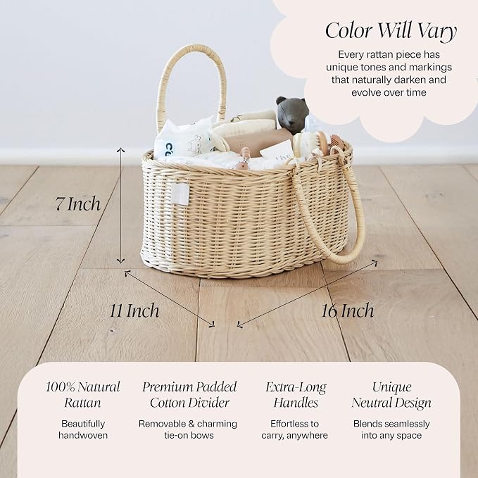 BEBE BASK Premium Baby Diaper Caddy Organizer Basket with Cotton Divider | Handmade & Award-Winning, Rattan Diaper Basket, Newborn Essentials, Nursery Basket, Removable Divider, Baby Shower (SAVANNAH) - Image 4