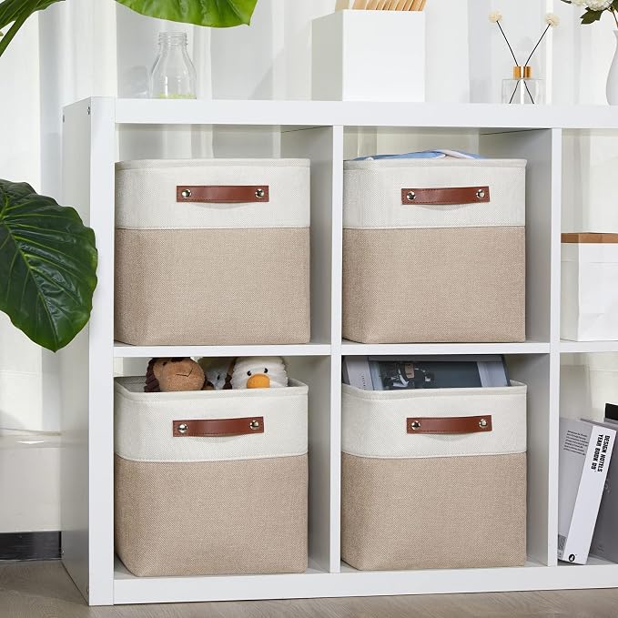 DULLEMELO 11 inch Cube Storage Bins, Large Collapsible Grey Storage Baskets for Square Cubes Organizing, Fabric Boxes Bins for Shelves Nursery Home Office Storage(4 Pack - 11" White&Khaki) - Image 3