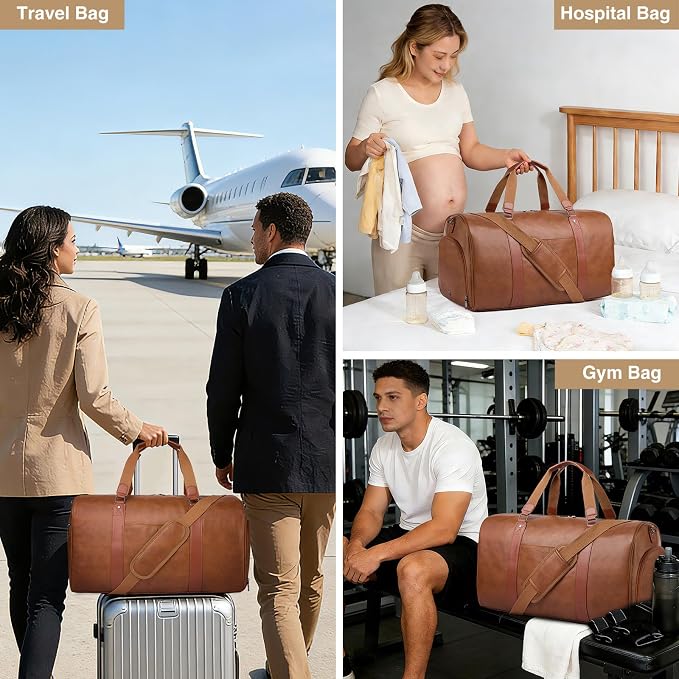 Large 3-in-1 Leather Duffle Bag for Travel Weekender Overnight Hospital Gym Bag for Men & Women, Carry On Airline Approved Personal Item Duffel Garment Bag Luggage with Shoe Compartment & Toiletry Bag - Image 9