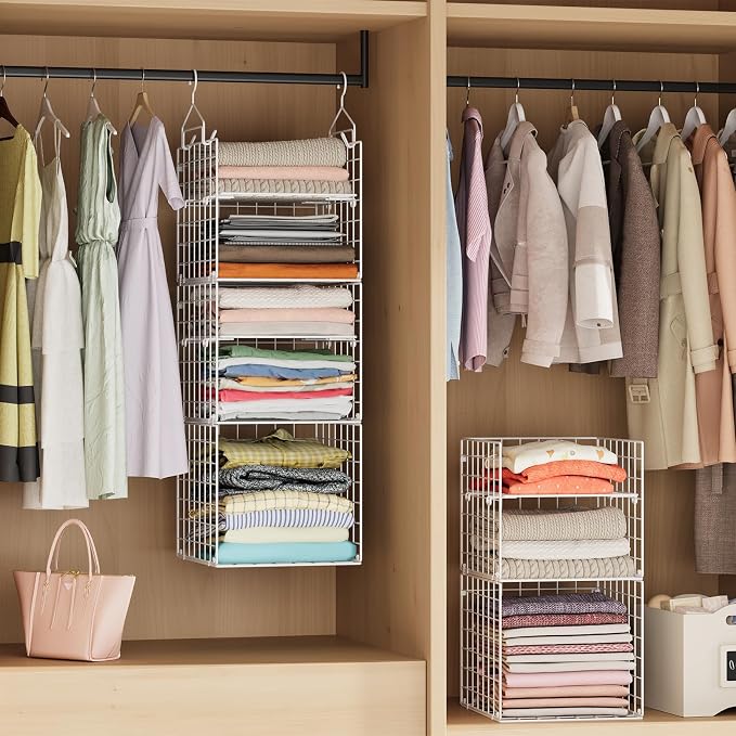 X-cosrack Closet Hanging Organizer and Storage - 5 Tier Hanging Shelves, Wire Closet Shelf Organizer Basket with Adjustable Dividers for Home Clothing Sweaters Shoes Handbags - Image 2
