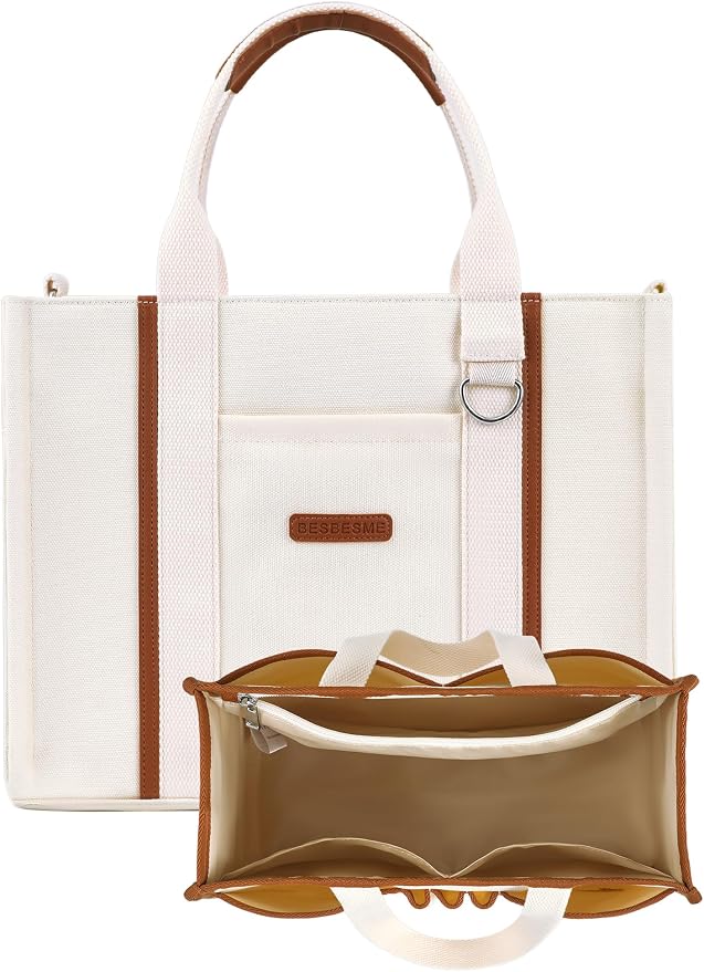 BESBESME Women’s Canvas Tote Bag with Zipper and Compartments – Multi-Pocket Laptop Work Crossbody Shoulder Tote Purse - Image 7