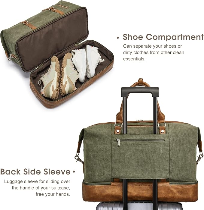 S-ZONE Weekender Bag for Men Canvas Duffle Overnight Travel Bag Army Green | Anti-wrinkle Canvas,Adjustable Shoulder Strap,1 Main Large Compartment and 7 Pockets,with Shoe Compartment - Image 4