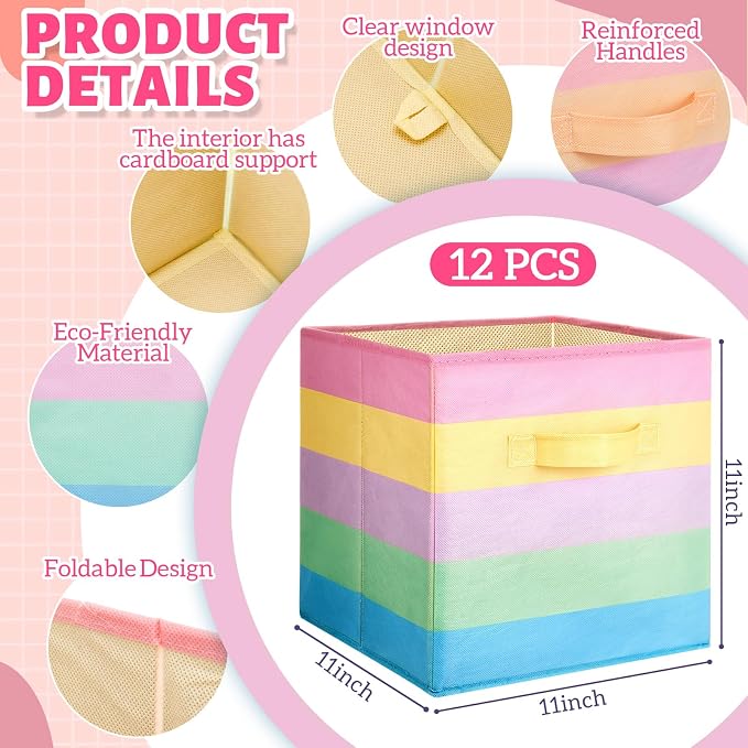 Yinder 12 Pcs Cube Storage Bin Rainbow Colorful 10.5''x10.5''x11'' Storage Bins for Playroom Decor Colorful Bins for Kids Foldable Baskets for Nursery Organizer Boxes Fabric Boxes - Image 3
