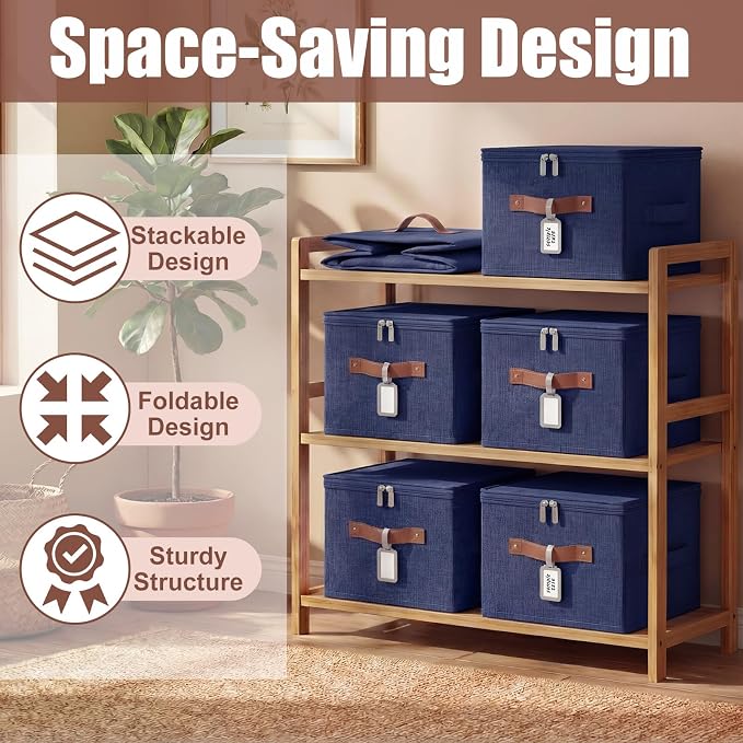 6 Pack Fabric Closet Storage Bins with Zipper Lids and Label, 10×8×7In Large Size Foldable Cotton Linen Storage Cubes Boxes with PU Leather Handles Holders for Bedroom, Nursery, Dark Blue - Image 5