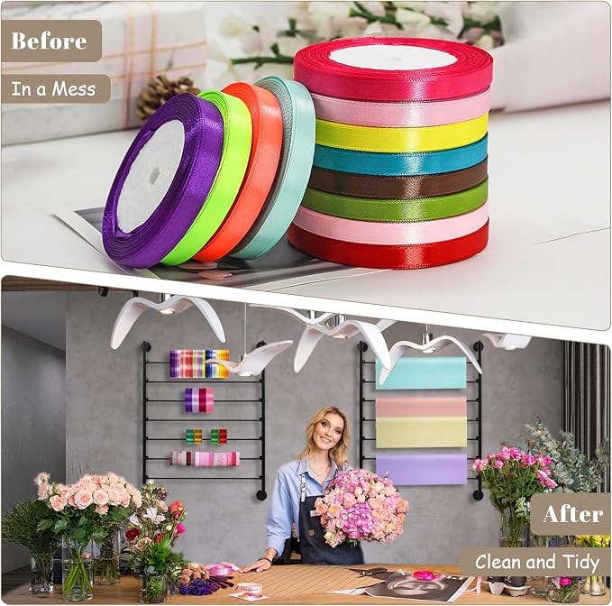 Yonynise Ribbon Storage Organizer,31.5-inch Width Wall Mounted Ribbon Holder Rack,7 Tier Large Capacity Metal Ribbon Storage for Craft Room,Flower Shop,Cake Shop,Gift Wrapping Paper,Black - Image 4