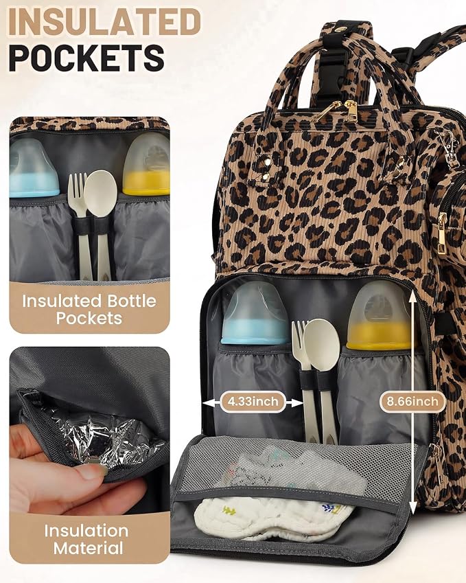 Corduroy Diaper Bag Backpack, Large Capacity Multifunction Baby Diaper Bags for Women, Insulated Bottle Pockets & Pacifier Case, Stylish Travel Nappy Changing Bags for Mom Dad (Leopard Brown) - Image 3