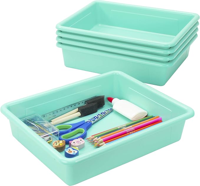 Storex Letter Size Flat Storage Tray – Organizer Bin for Classroom, Office and Home, Teal, 5-Pack (62522A05C), 10 x 13 x 3 Inches by Storex