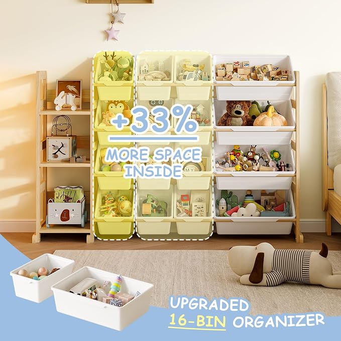 EXPERLAM Toy Storage Organizer, Toy Storage Shelf with 3 Shelves and 16 Storage Bins (12 Small + 4 Large), 3-in-1 Kids Bookshelf for Kids Rooms, Playroom, Nursery, White - Image 4
