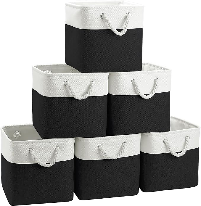 FinishingBo 11 inch Cube Storage Bin with Handles 6 Pack | Foldable Basket, Fabric Storage Bins, Closet Storage, Home Organizer (White/ Black) by SimplifySpaceSimplifyLife