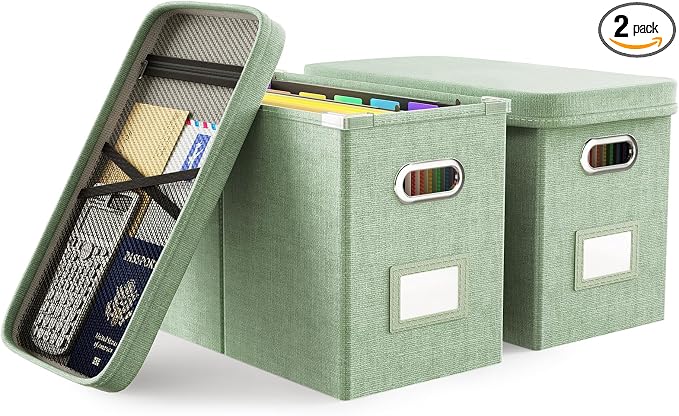 Hanging Filing File Box with Mesh Pocket, File Organizer Box with Lid, Collapsible Document Organizer Box for Letter Size, Easy Slide Durable Storage Box for Office/Decor/Home (2 PCS, Green) by Oterri