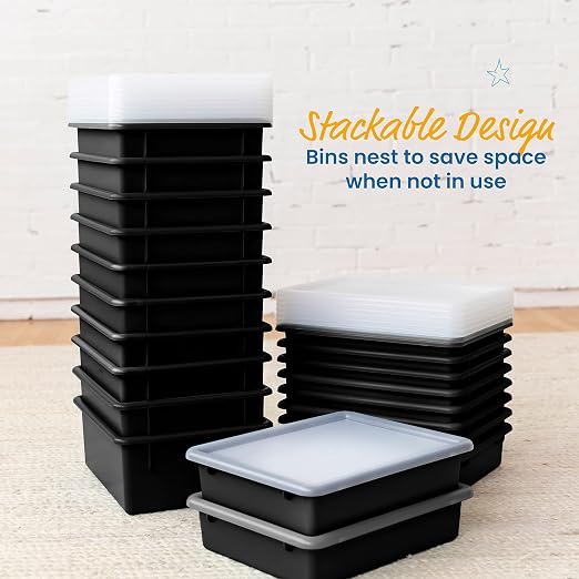 ECR4Kids Letter Size Tray Organizer with Lid, Large, 10-Piece, Black | Durable plastic, GREENGUARD Gold Certified, 1 gallon capacity, stackable/nestable, easy-lift lids, classroom & home use - Image 5