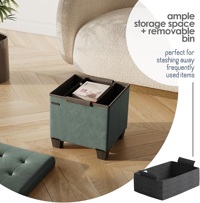Storage Ottoman Cube with Small Bin, 15-in Square Ottoman with Storage for Living Room and Bedroom, Small Ottomans Foot Rest, Leather Foot Stools Ottomans Max 330lbs, Green - Image 3