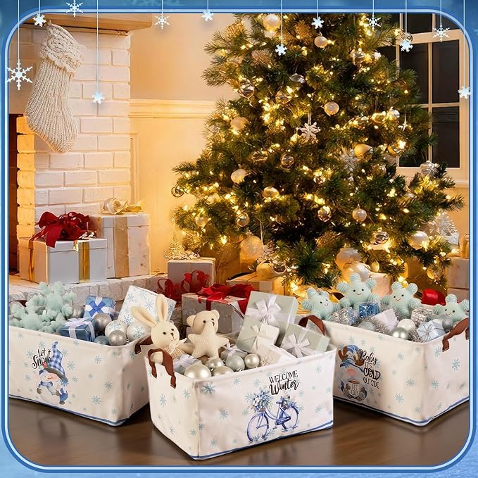 CHENGU 6 Pack Winter Storage Basket Collapsible Snowflakes Basket for Gifts Gnomes Holiday Decor Large Snowman Bin Foldable Blue Hello Winter Box with Handle for Bedroom Office Home - Image 4