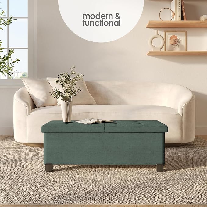 Storage Ottoman Bench with Bins, 43-in Storage Bench for Bedroom End of Bed, Folding Foot Rest Ottoman for Living Room Max 660lbs, Fabric Ottomans, Green - Image 2