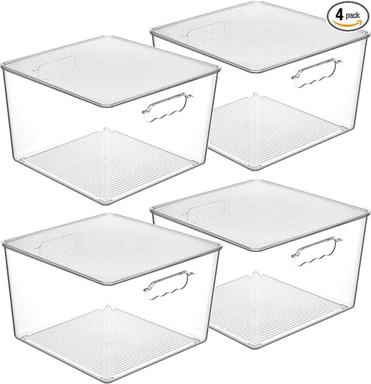Vtopmart 4 Pack Extra Large Clear Stackable Storage Bins with Lids for Cube | 11in Cube Storage Bins with Handle for Onions and Potatoes, Plastic Containers for Pantry, Freezer, Kitchen, Closet, Bathroom by Vtopmart