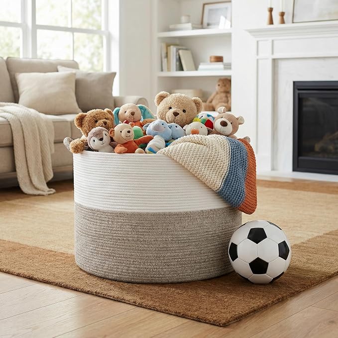 XXXL Large Blanket Basket for Living Room, 21.7" x 13.8" Woven Cotton Rope Laundry Hamper for Pillows, Towels & Toy Storage - Decorative Round Storage Basket with Handles for Nursery, Baby & Dog Toys - Image 2