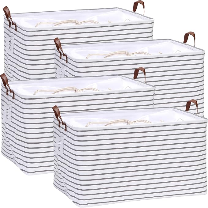 Hinwo 4-Pack Extra Large Canvas Fabric Storage Baskets with Handles, 70L Oversized Storage Bins, Collapsible Storage Box, Clothes, Toys, Blankets Organizers, 22 x 15 x 13 inches, (Grey Stripe) by Hinwo