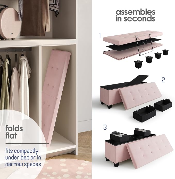 Storage Ottoman Bench with Bins, 43-in Storage Bench for Bedroom End of Bed, Folding Foot Rest Ottoman for Living Room Max 660lbs, Velvet Ottomans, Pink - Image 7