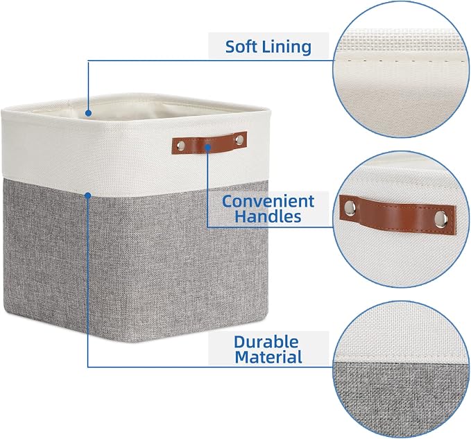 Temary 12 Inch Storage Baskets Foldable Fabric Storage Cubes 4PCs Storage Bins Organizer with Handles, Baskets for Organizing Clothes, Towels (White & Grey, 12 x 12 x 12) - Image 3