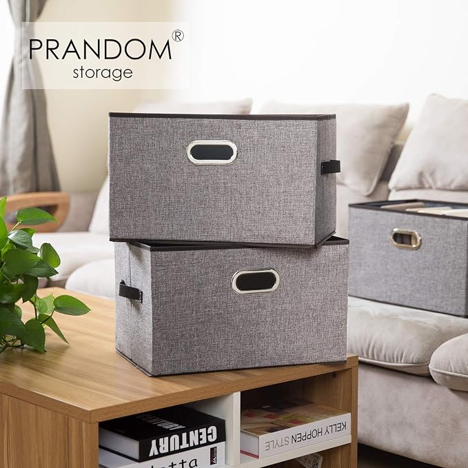 Larger Collapsible Storage Bins for Closet [5-pack] Decorative Linen Fabric Storage Baskets Cubes with Leather/Metal Handles for Living Room Grey (17.3x12.2x10.4 Inch) - Image 2