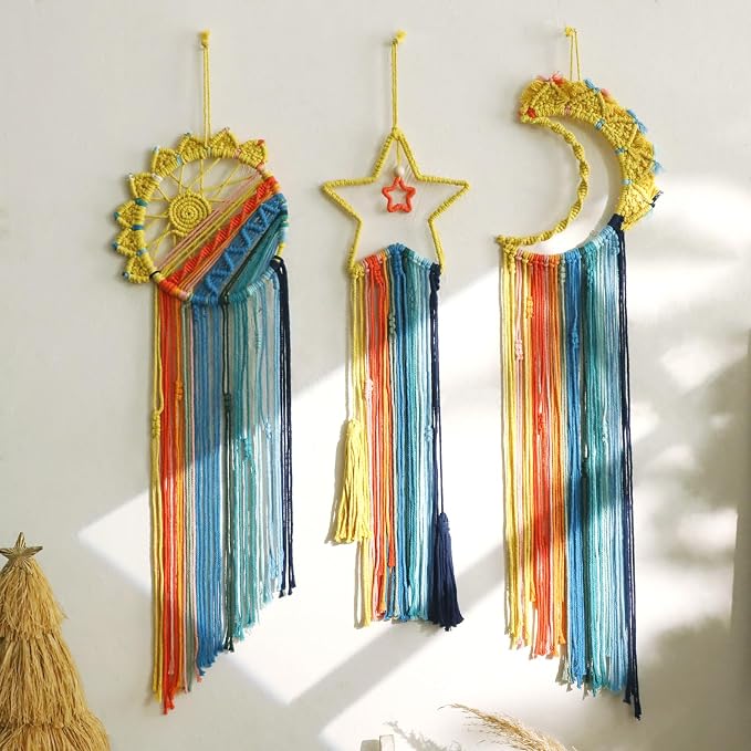 Artilady Macrame Wall Hanging Tapestry, 3 Pakc Boho Sun Dream Catcher Decor | Large Wall Tapestry, Handmade Woven, Farmhouse Rustic, Colorful Sunrise Wall Art, Bedroom Living Room Apartment Home Decor by Artilady