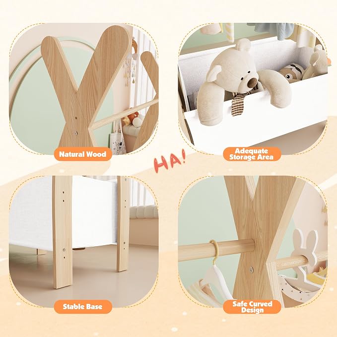 NACHES Small Kid Clothing Rack Wood Montessori Garment Rack for Toddler Baby Wardrobe Closet Compact Dress Up Storage Organizer Hanging Rod with Basket for Costume Princess Skirt Coat Bedroom Nursery - Image 7