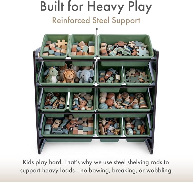 Humble Crew Kids Toy Organizer with 12 Bins, 4 Tier Storage for Playroom | Sturdy wood and steel toddler shelf, removable BPA-free containers, wall anchor anti-tip safety kit for bedroom or classroom - Image 4