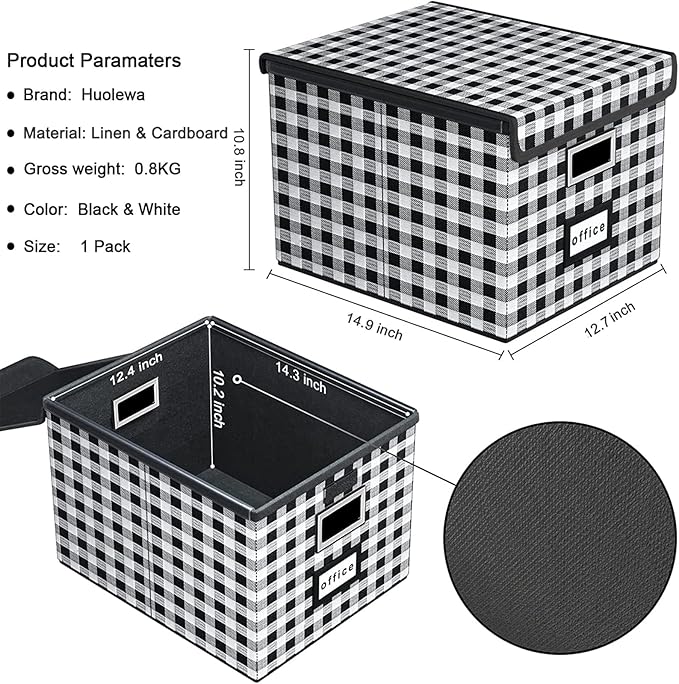 File Organizer Box with Lids, Collapsible File Folder Organizer | File Box with Plastic Slides for Document, Filing Bin for Letter Size Hanging File Folders (2 Pack, Black & White Lattice) - Image 3
