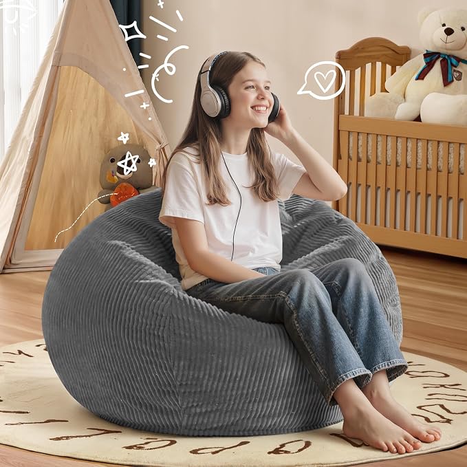 2FT Bean Bag Chair: 2' Small Bean Bags with Memory Foam Filled | Beanbag Chairs with Handle,Teardrop Bean Bag Sofa with Corduroy Machine Washable Cover for Living Room,Bedroom-Grey - Image 6