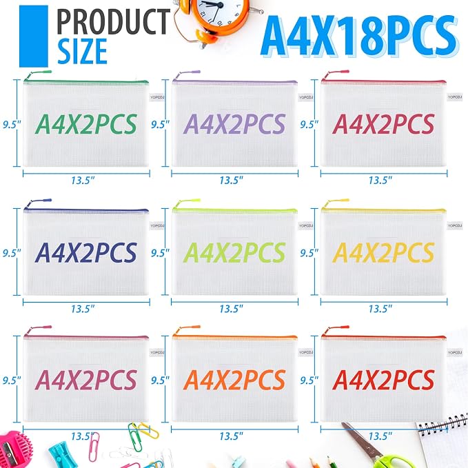 18 Pack A4 Mesh zipper pouch bags, Mesh Bags with Label Pocket,Zipper Pouches of office supplies, File Bags for Classroom Organization,Puzzles, Board Game Storage - Image 2