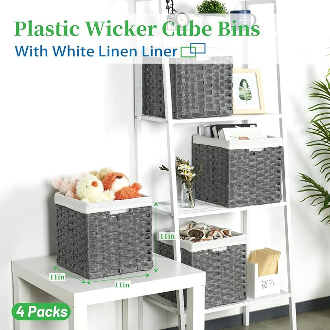 Bidtakay Wicker Storage Baskets for Organizing 4-Pack Hand-Woven Imitation Dark Grey Wicker Cube Storage Bins with Liners for Shelves Closet Cabinet 11x11 Waterproof Cube Organizer for Pantry - Image 2