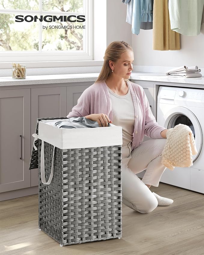 SONGMICS Laundry Hamper with Lid, 17.2 Gallon (65 L) Synthetic Rattan Clothes Laundry Basket with Lid and Handles, Foldable, Removable Liner, Dove Gray ULCB165G01 - Image 2