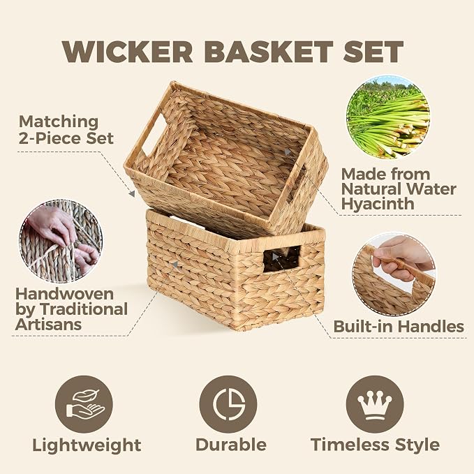 Set of 2 Wicker Shelf Storage Baskets for Organizing - Natural Durable Water Hyacinth Woven Basket Pantry Bin Organizers for Shelves with Handles for Home & Decor Organization, 12.5” x 8” x 6.5” - Image 3