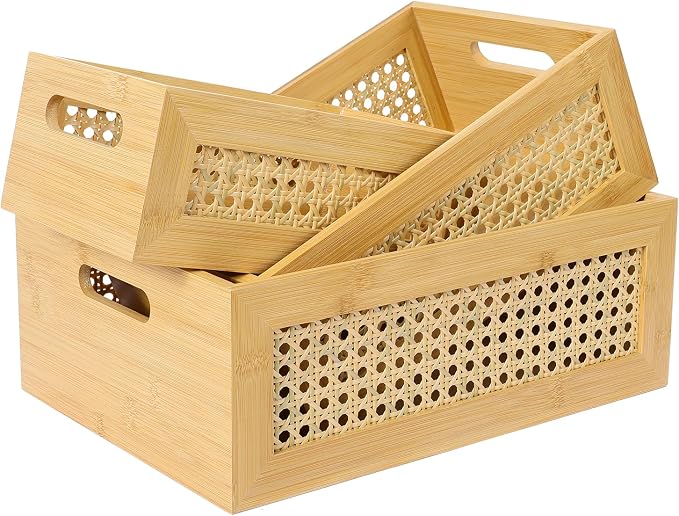 ANMINY Bamboo Rattan Storage Baskets, 3PCS Nesting, with Handles | Natural Bamboo Wood Baskets, Decorative Storage with Built-in Handles, Nestable for Pantry Kitchen Shelf Desktop - Image 7