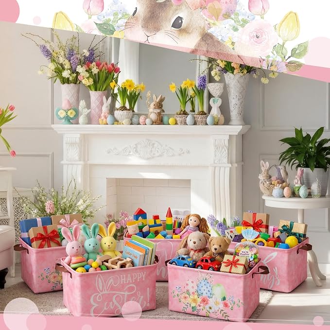 CHENGU 6 Pack Easter Storage Bin Collapsible Cute Easter Basket for Gift Large Pink Bunny Eggs Holiday Decor Rabbit Hunny Bunny Basket Foldable Farmhouse Flower Box with Handle for Bedroom Office Home - Image 2