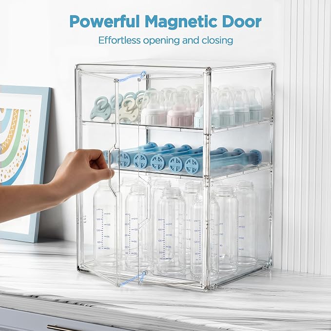 HBlife Baby Bottle Storage Organizer for Countertop Cabinet, 3 Tiers Adjustable Clear Acrylic Bottles Storage Station Case Box Container with 2 Removable Dividers and Magnetic Double Door, X-Large - Image 4