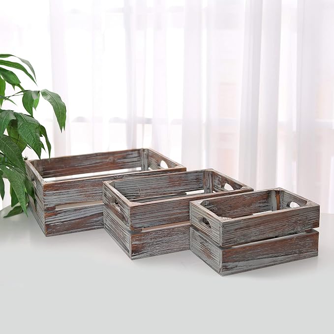 MyGift Country Rustic Torched Wood Storage Decorative Box, Nesting Wooden Crate Box Container, Set of 3 - Image 2