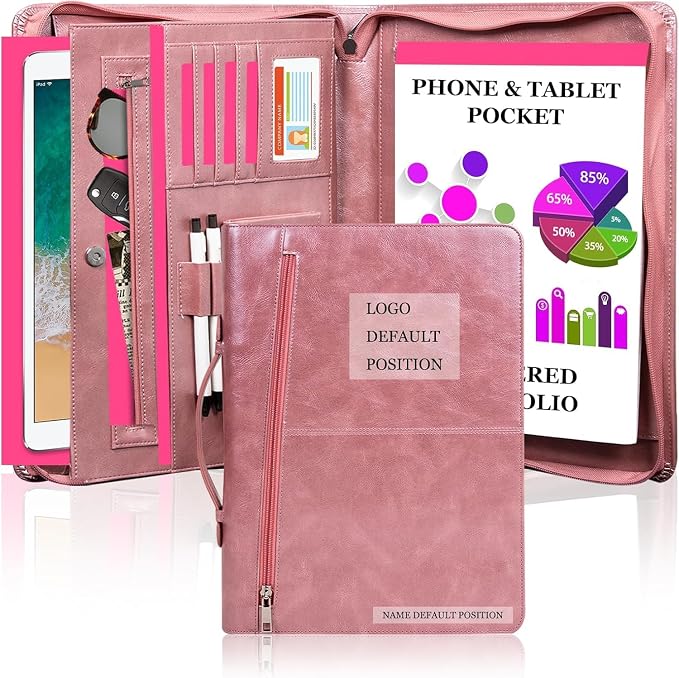 AZXCG Personalized Leather Portfolio,Free Engraved Name,Padfolio for Women Organizer with Zippered, A4 Notepad Holder, Portfolio with Handle,Business Portfolio with A4 Writing Pad,Gift for Men&Women by AZXCG