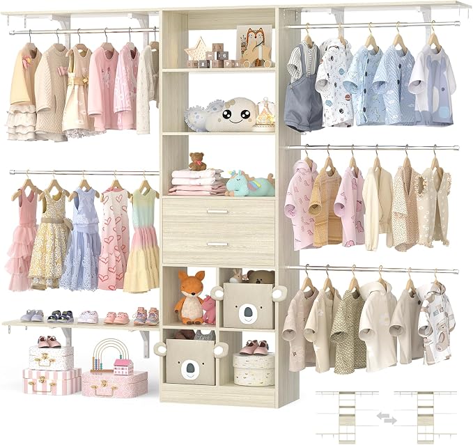 Besiost Closet System - 5-8FT Closet Organizer System with Wooden Drawers & Cube Storage Organizer, Up To 96" Closet Systems for Nursery & Walk-In Closets with Cuttable Hanging Shelving, Greige Oak by Besiost