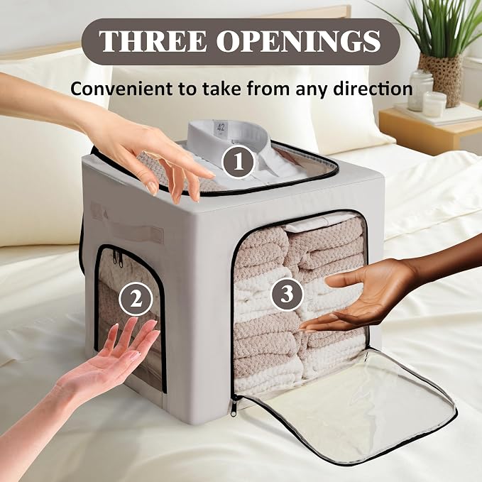 GuliPostan 3 Pack 40L Stackable Clothes Storage Bins with Metal Frame Handles & Zipper, Collapsible Closet Organizer Box with Lid for Bedding Blankets Towel (Light Grey) - Image 5