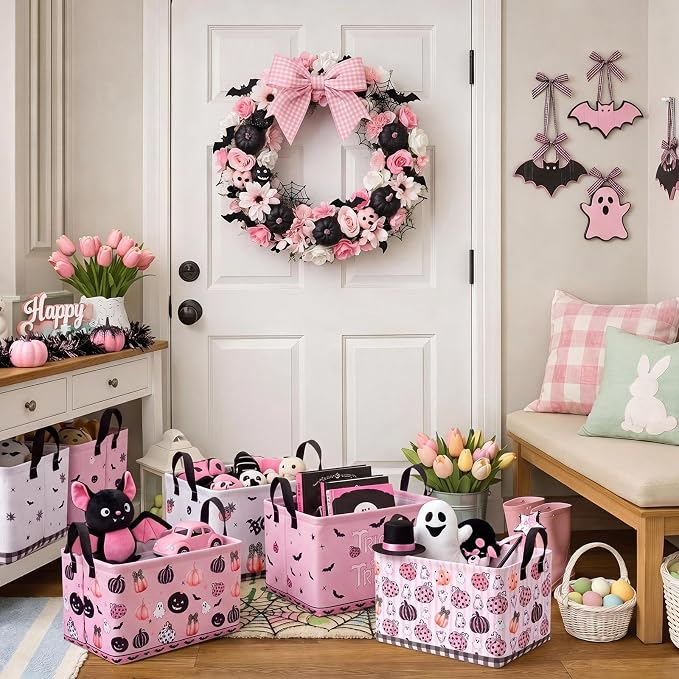 CHENGU 6 Pcs Halloween Storage Bin Collapsible Pink Ghost Basket for Gifts Spooky Pumpkin Decor Large Halloween Basket Farmhouse Foldable Bat Box with Handle for Nursery Bedroom Office Home Party - Image 7