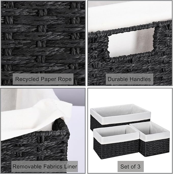 Storage Basket, 3-Pack Woven Paper Rope Wicker Baskets for Storage with Handles, 15 Inches Large Cube Storage Bins Woven Storage Baskets with Liners for Shelves Organizing & Decor, Black - Image 2