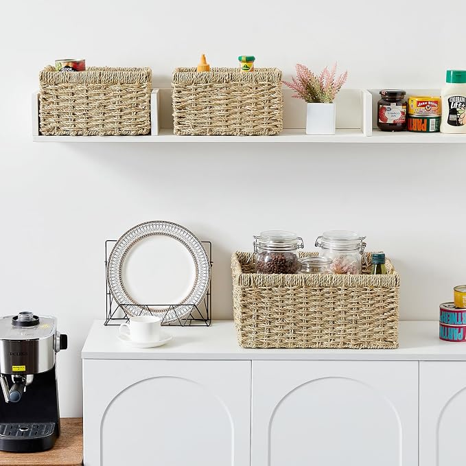 Wicker Basket, Set of 3 Hand-woven Storage Baskets for Organizing, Seagrass Wicker Storage Basket Bins with Handles, Small Toilet Paper Storage Baskets for Shelves Pantry Baskets (Seagrass) - Image 4
