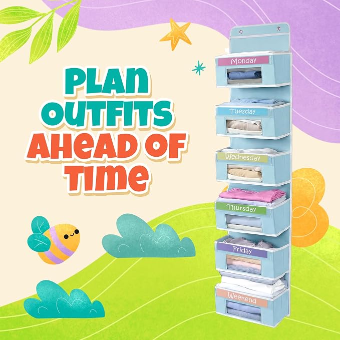 Weekly Clothes Organizer for Kids, Monday through Friday Clothing, 6 Shelf | Houseables Days of the Week Clothes Organizer, Kids Closet, Daily Outfit Storage, Weekday, M-F, School, Hanging, Over Door - Image 4